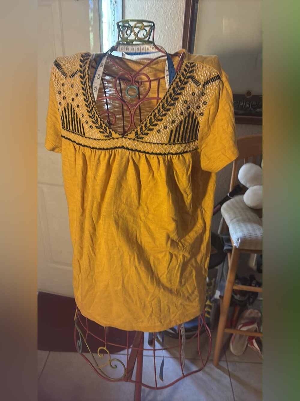 Yellow Embroidered V-Neck Women's Top